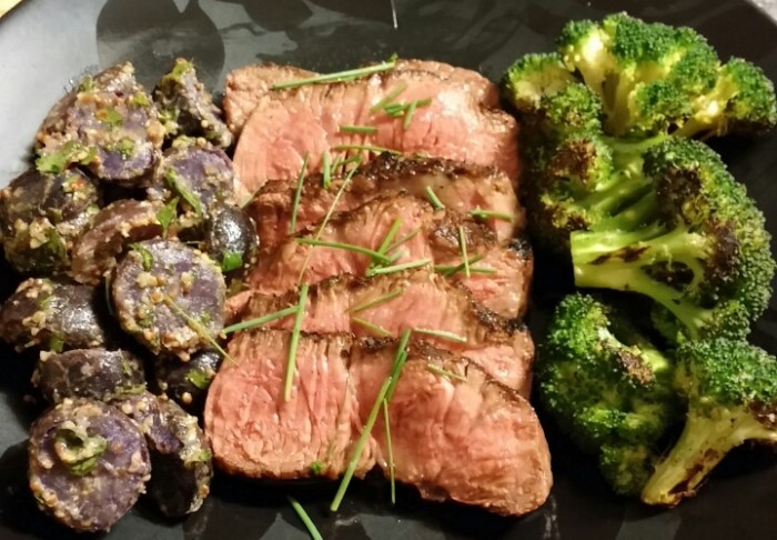 Grilled Steak with Brown Butter & Chives, Grilled Potato Salad with Mustard Dressing, and Grilled Broccoli 